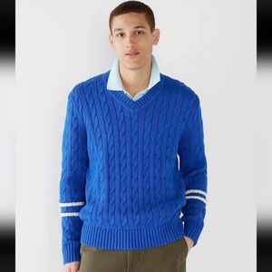 J. CREW Men's Heritage Cotton Cable Knit V-Neck Sweater Blue w/ Ivory Stripe NWT